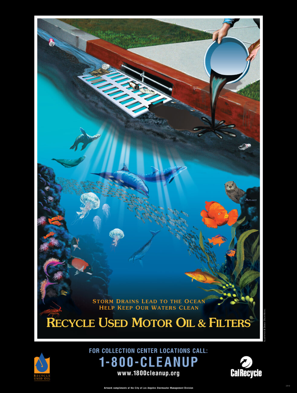 Storm drains lead to the ocean, help keep our waters clean recycle used oil poster