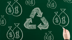 Recycling symbol with money bags on chalkboard