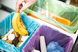 Person putting banana peel in recycling bio bin in the kitchen