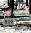 Two U.S. flags, burned debris, and house number 829 on sign.