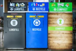 Landfill, recycling and compost bins in a business