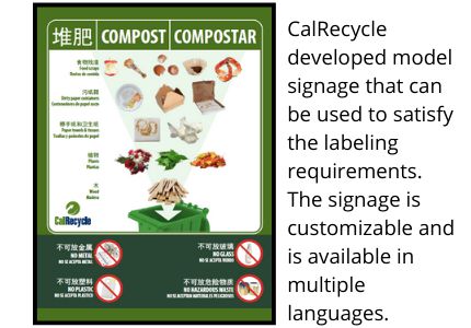 CalRecycle developed model signage that can be used to satisfy the labeling requirements. The signage is customizable and is available in multiple languages.