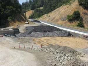 Construction site with TDA wrapped in geotextile fabric prior to soil placement