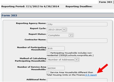 Online Form 303 reporting system screenshot pointing to Direct E-5 Report link