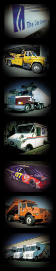 Pictures of vehicles using rerefined: race car, mail truck, tow truck, semi.