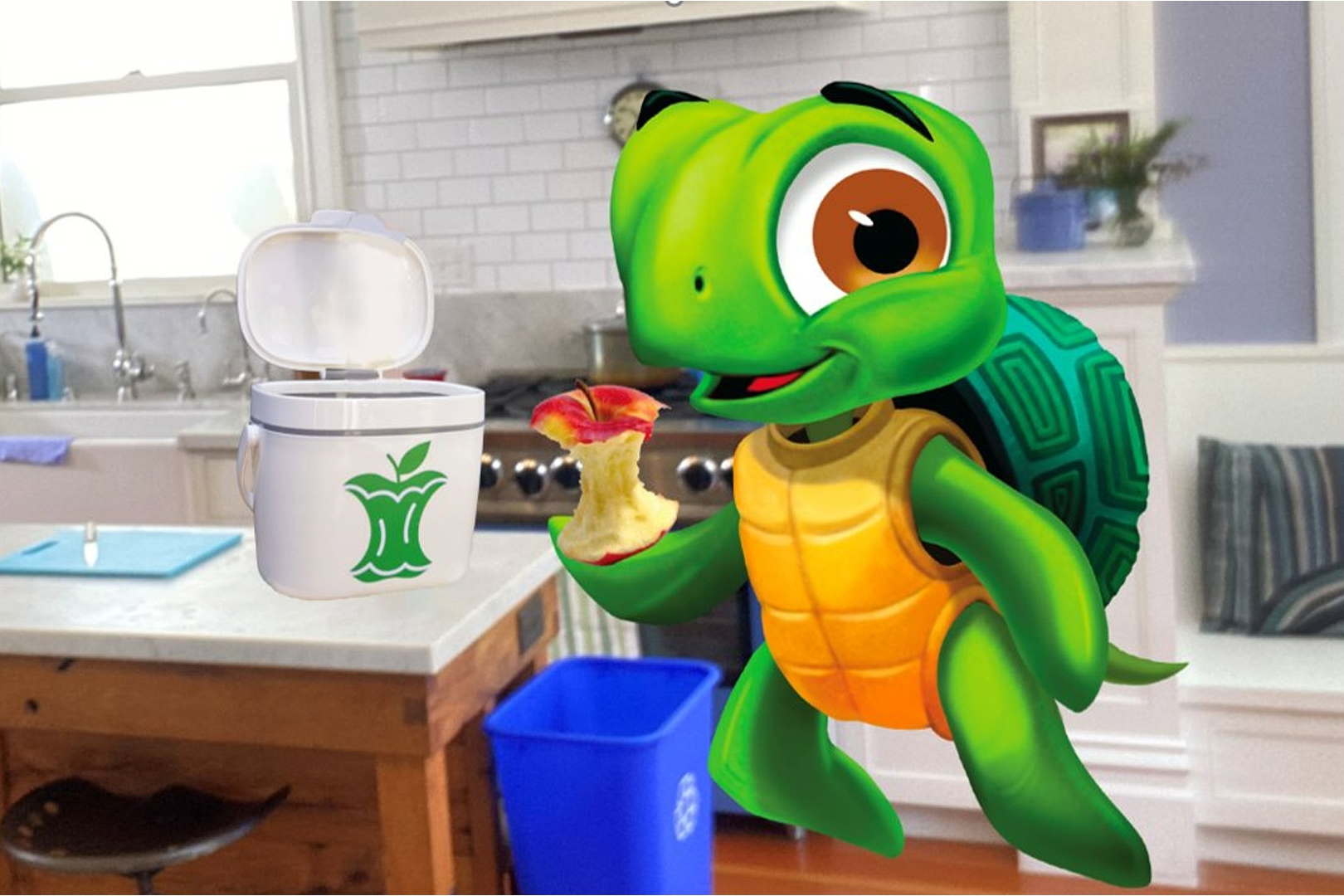 Turtle in kitchen holding apple core next to bin