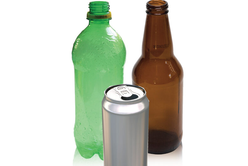 empty glass, plastic, and aluminum drink containers