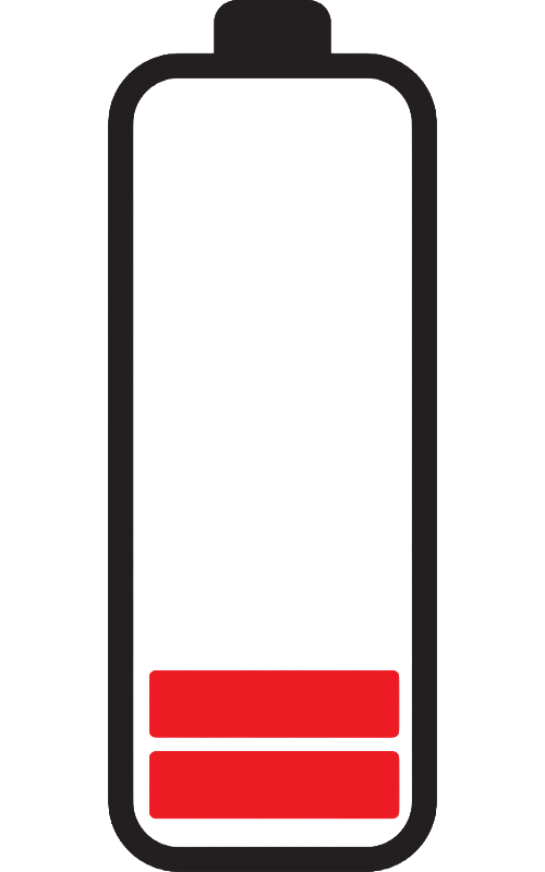 Icon of a low-charged battery, indicated by two red bars.