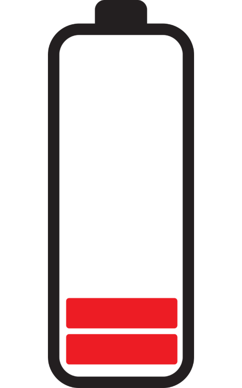 Icon of a low-charged battery, indicated by two red bars.
