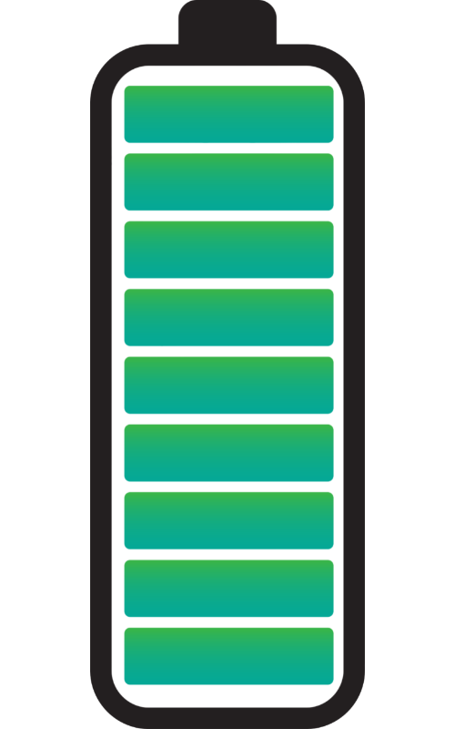 Icon of fully charged battery, indicated by green bars.