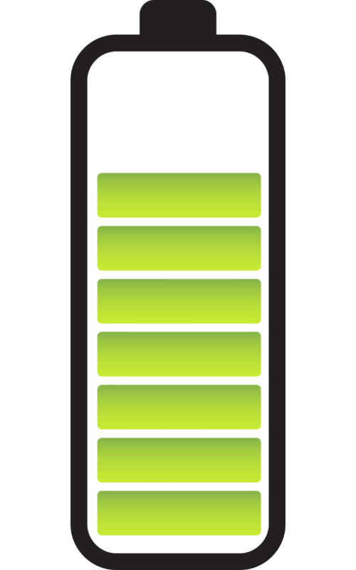 Icon of a almost fully-charged battery, indicated by seven light green bars.