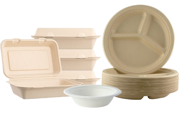 Different types of compostable food ware packaging.