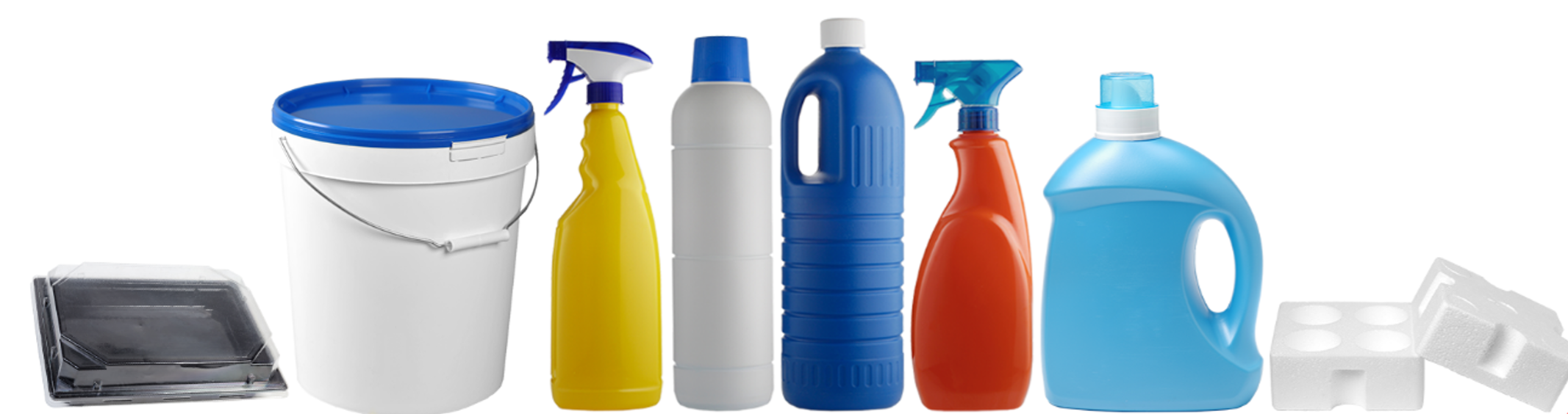 This is a photo realistic image of a collection of cleaning supplies on a white background. The cleaning supplies include a blue bucket with a white handle, a gray dustpan, a yellow spray bottle, a blue spray bottle, an orange spray bottle, a blue detergent bottle, and a white sponge.
