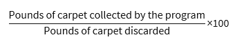 The carpet stewardship program collection rate calculation is a percentage calculated by dividing the pounds of carpet collected by the program by the pounds of carpet discarded and multiplying by one hundred.