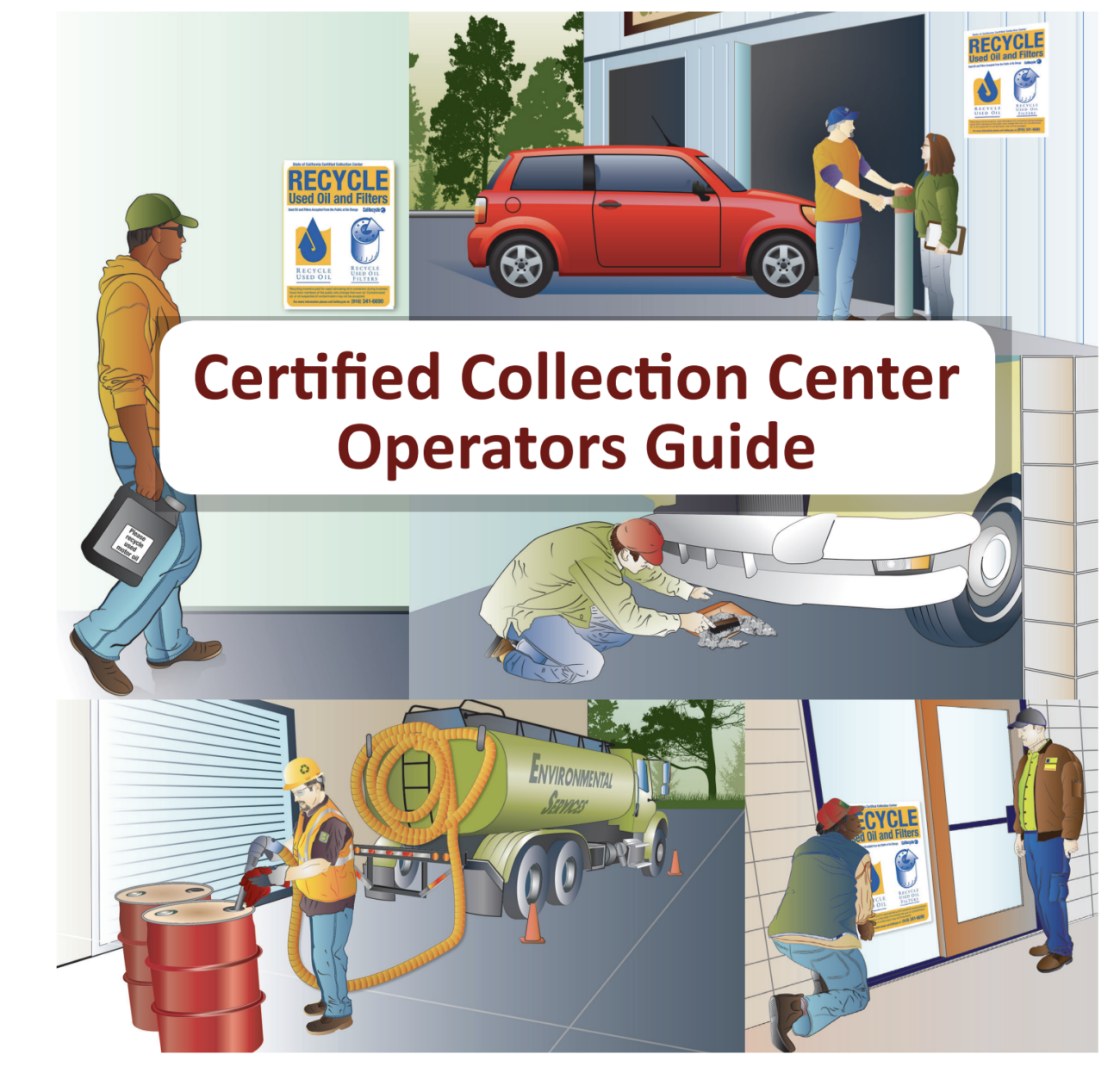 The image is a guide illustration showing people recycling automotive fluids and parts at a certified collection center.