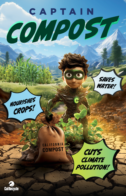 Poster of Captain Compost character in cartoon style with word bubbles stating 