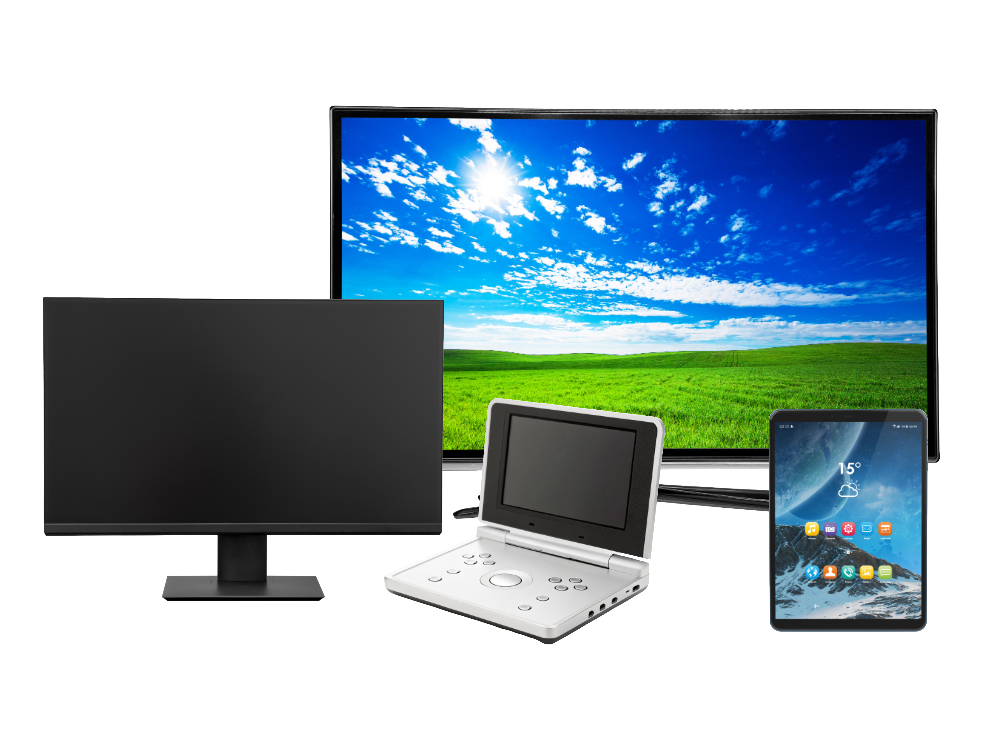 covered electronic devices examples (LCD computer screen, portable DVD player with LCD screen, OLED television, LCD tablet